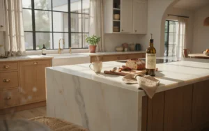 Luxury kitchen featuring Taj Mahal Quartzite countertops with waterfall island and natural oak cabinets.