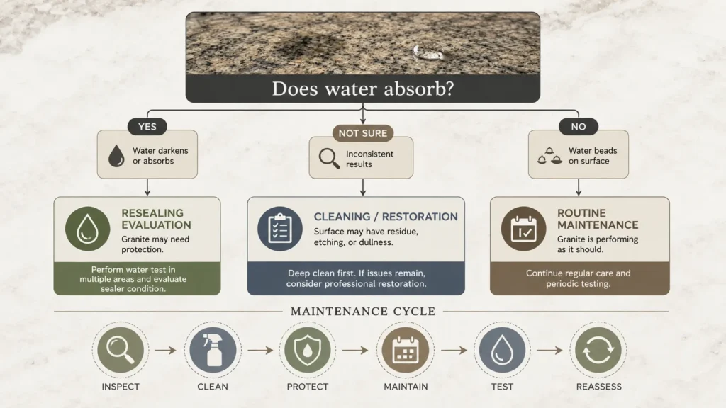 Granite countertop maintenance decision framework for sealing cleaning and restoration