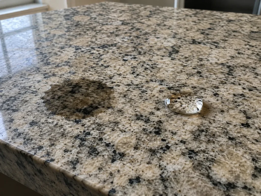 Water absorption test showing different moisture behavior on a granite countertop