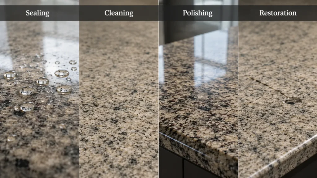 Comparison of granite sealing, cleaning, polishing, and restoration treatments