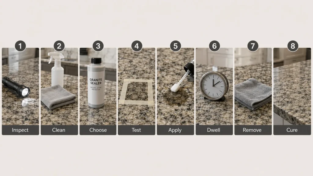 Step-by-step granite countertop sealing process from inspection through curing