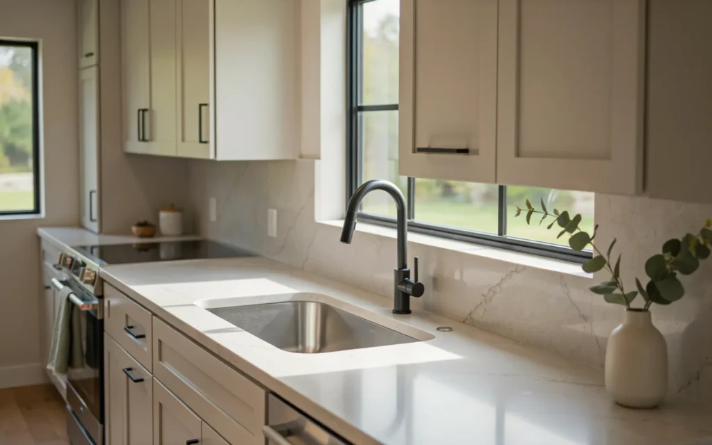 Luxury kitchen featuring a waterfall quartz island and professionally installed quartz countertops.