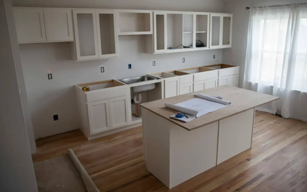 Kitchen cabinets prepared for quartz countertop installation with digital measuring tools before fabrication.