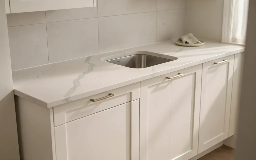 Close-up of a professionally installed quartz countertop with seamless joints and an undermount sink.