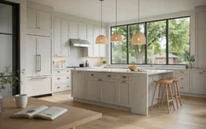 Modern white quartz countertop installation in a luxury Ontario kitchen with a spacious island and natural daylight.
