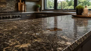 Sealed granite countertop with water and coffee resting on the protected stone surface