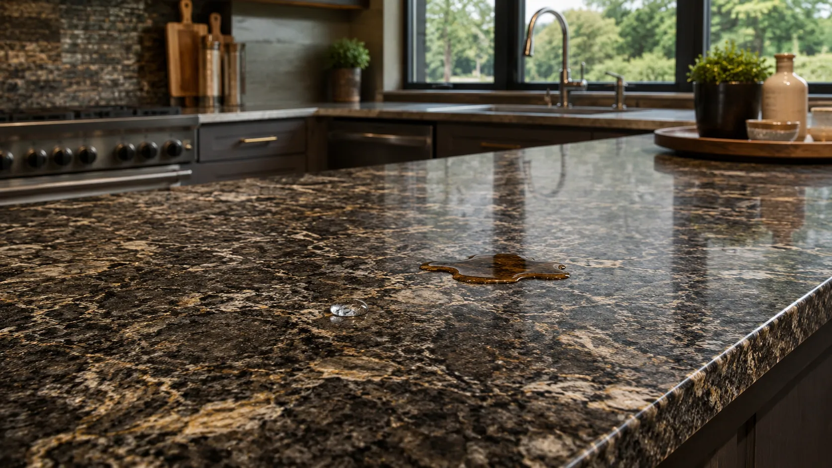 Sealed granite countertop with water and coffee resting on the protected stone surface