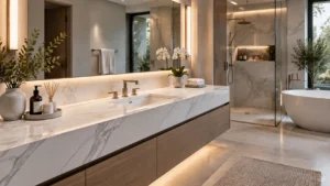 Quartz bathroom countertops with modern vanity