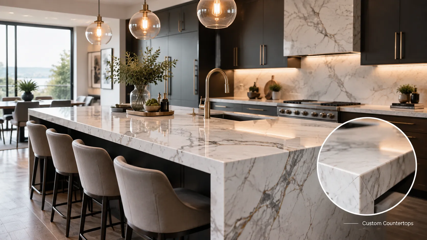 Custom kitchen countertops with premium quartz and stone design