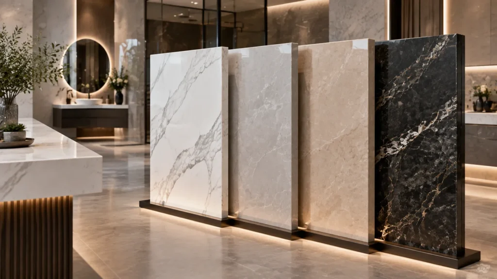 White quartz bathroom countertops in a modern bathroom