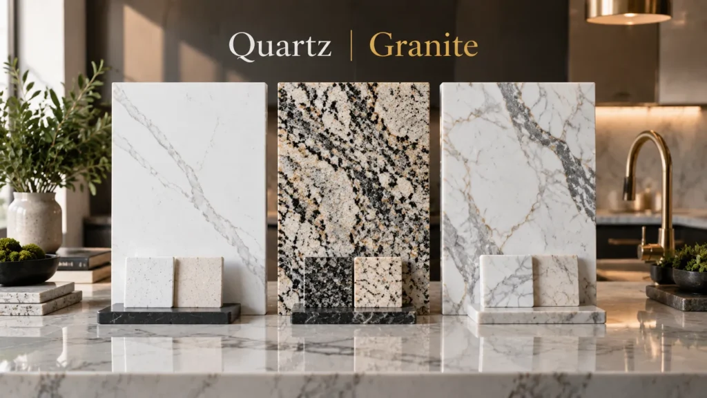 Comparison of quartz granite and marble kitchen countertop materials