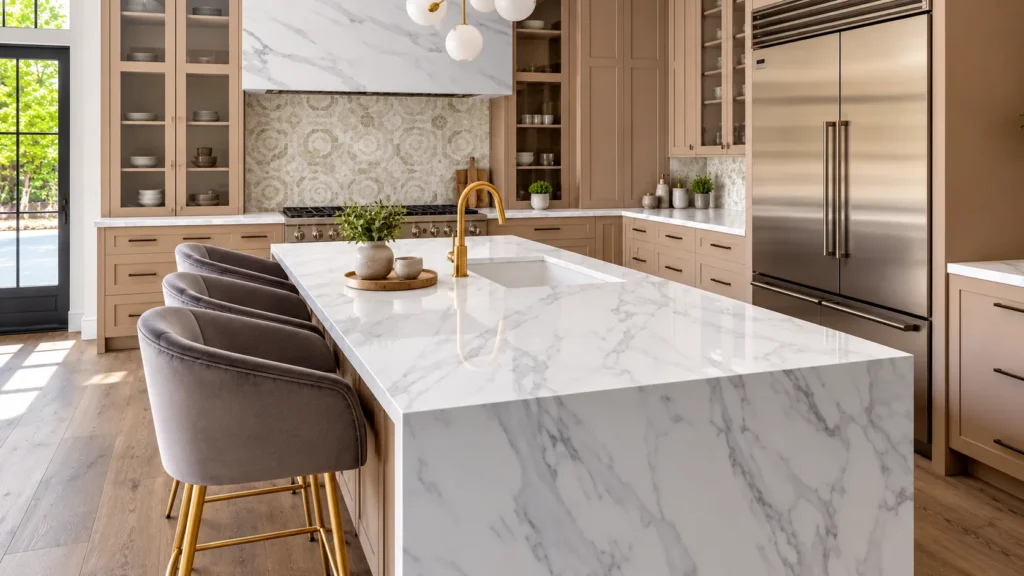 Large quartz kitchen island with waterfall edge in Ontario