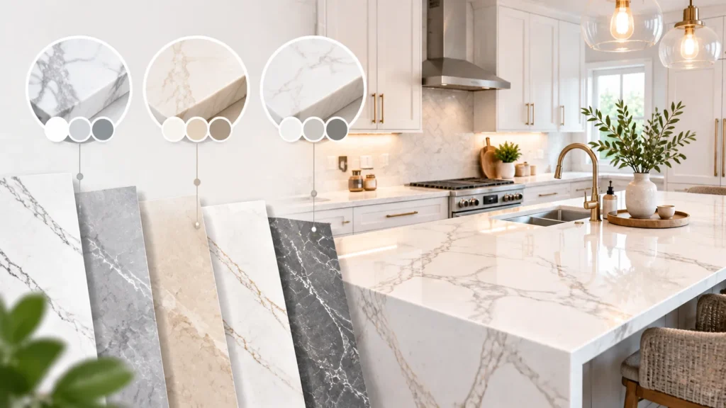 White cabinets with light gray quartz countertops