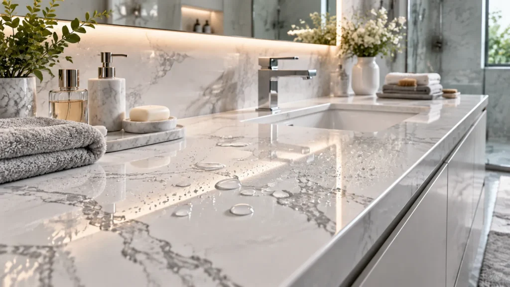 Custom quartz bathroom countertops with sink