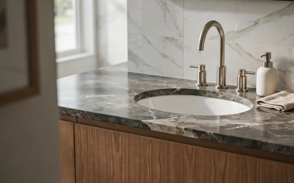 Custom granite vanity top with undermount sink installation