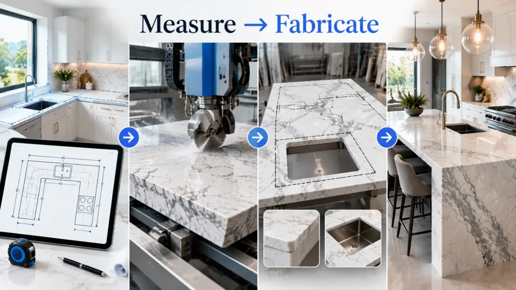 Custom countertop measurement and fabrication process illustration