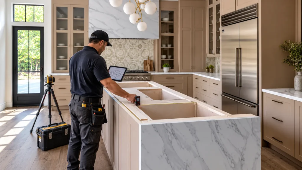 Professional measuring quartz countertop kitchen island before installation