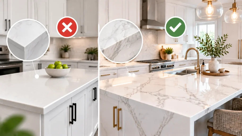 White kitchen cabinets with warm beige quartz countertop