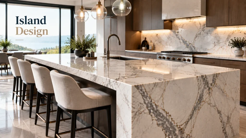 Modern kitchen island with custom stone countertop design