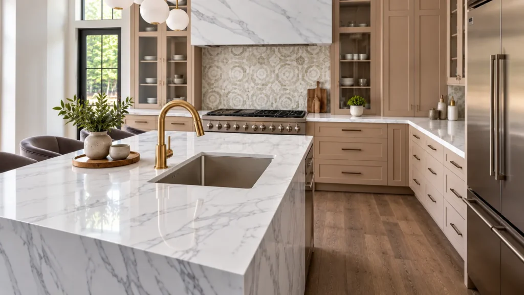 Quartz countertop with undermount sink cutout in modern kitchen