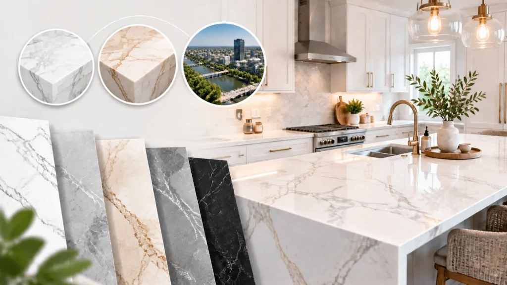 White cabinets with gold veined quartz countertop