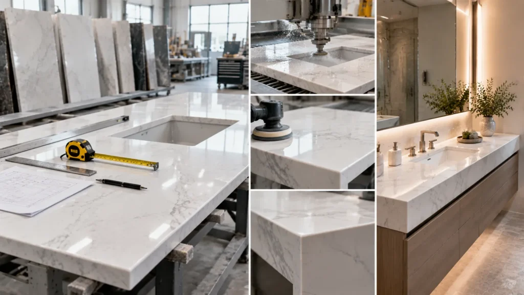 Gray quartz bathroom countertops with modern fixtures