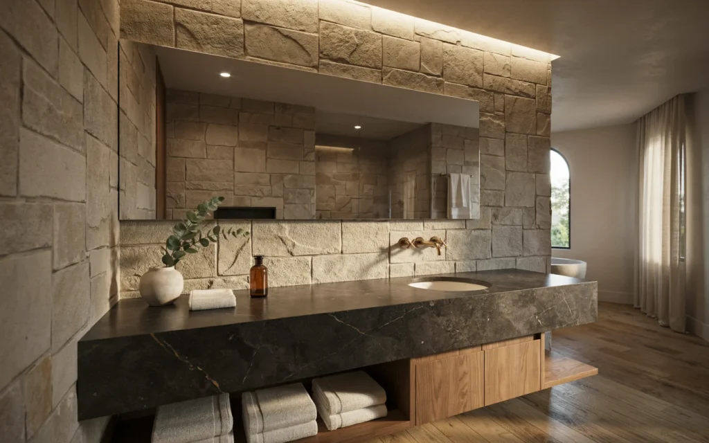 Luxury bathroom with dark granite countertop and modern vanity