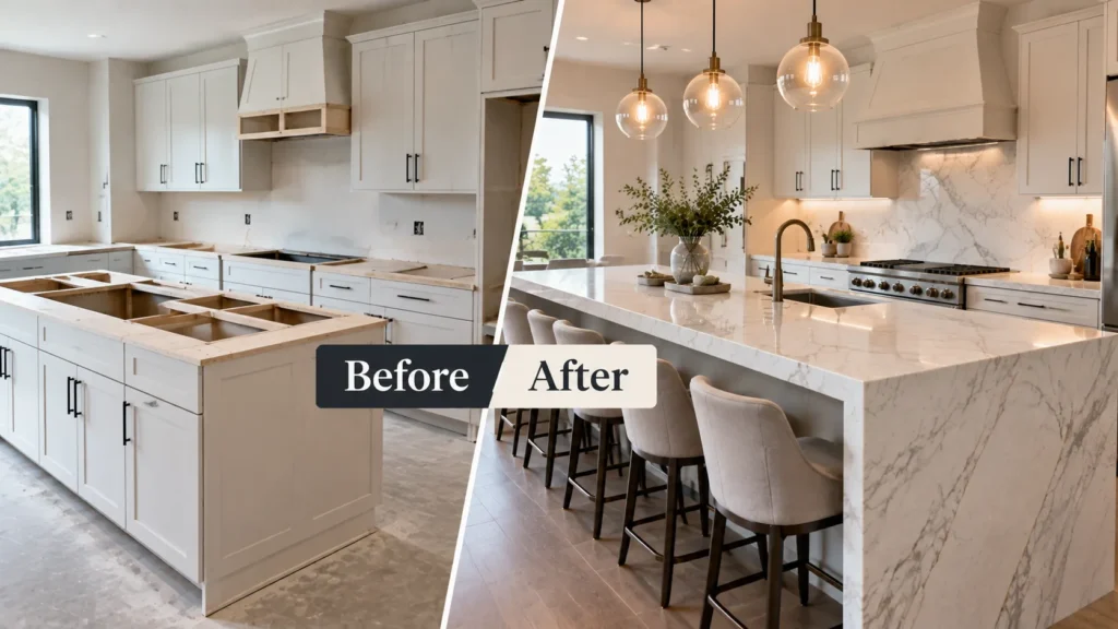Before and after custom kitchen countertop installation transformation