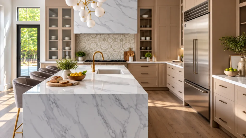 Finished marble-look quartz countertops in a modern kitchen
