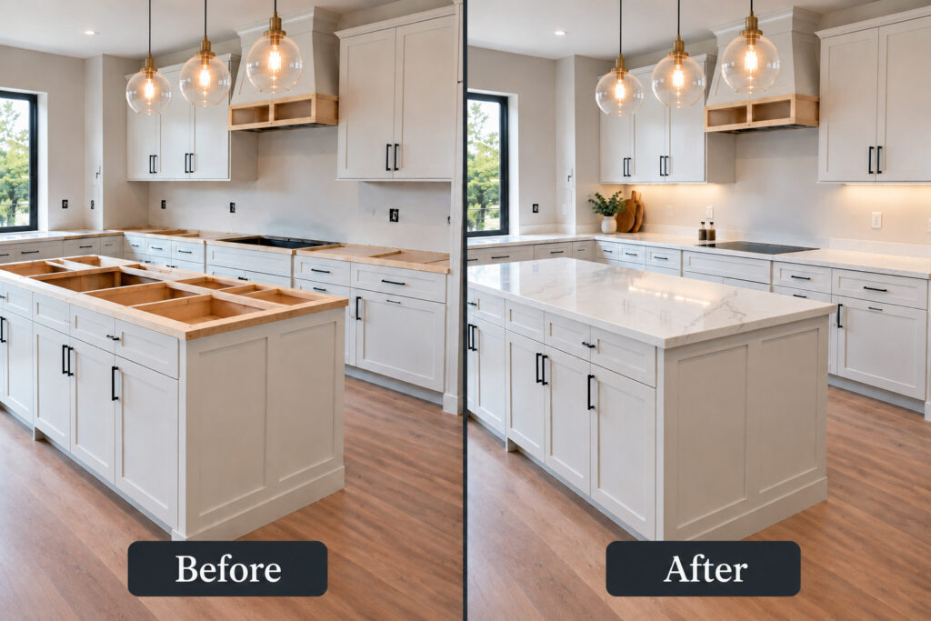 Before and after custom kitchen countertop installation transformation