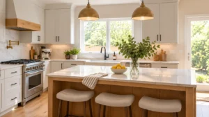 Cleaning a polished quartz countertop in a bright modern kitchen