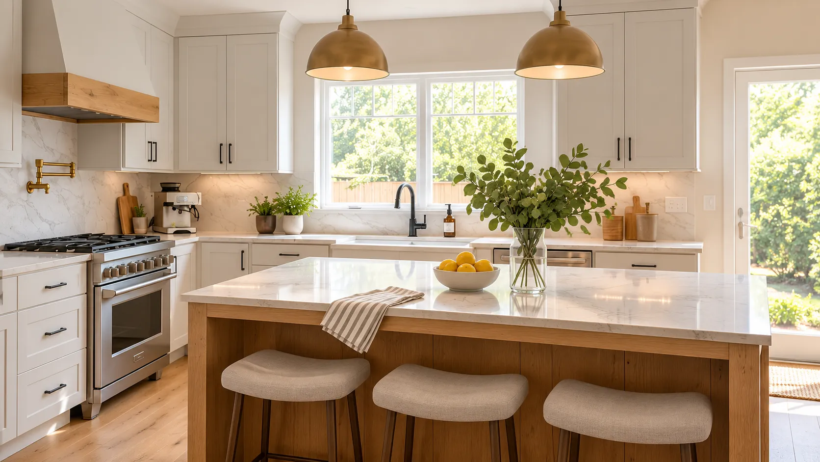 Cleaning a polished quartz countertop in a bright modern kitchen