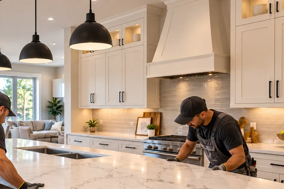 Countertop material samples for Cambridge kitchen renovation