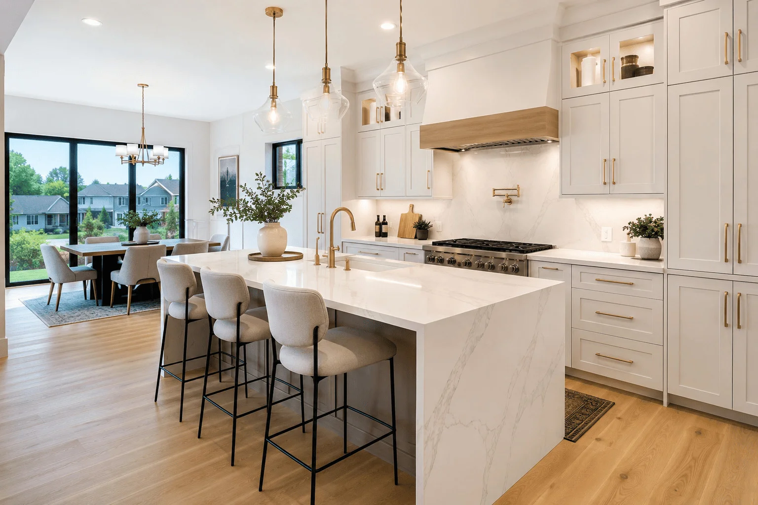 Kitchen countertops Guelph featuring modern white quartz waterfall island